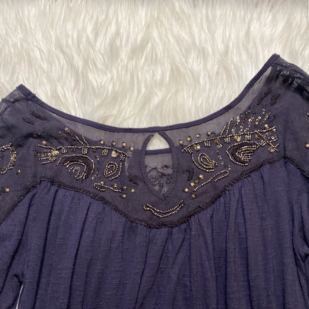 Free People Beaded, Flowey Sleeved Blouse w/ Keyhole neckline on back - Picture 8 of 9